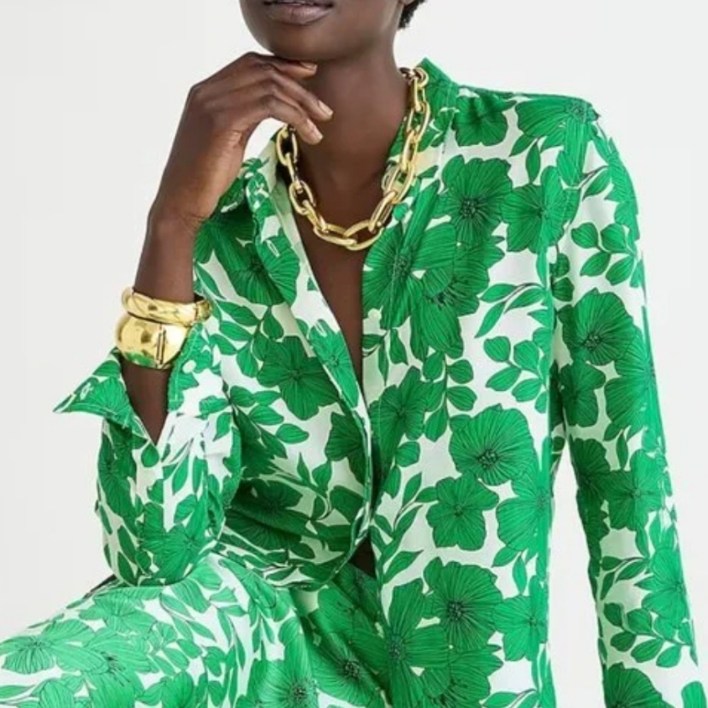 J. Crew Green Floral Cupro-Blend Blouse